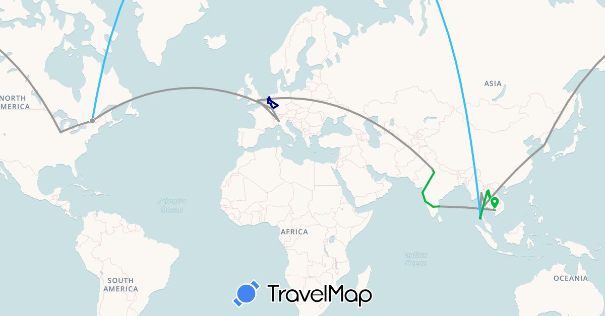 TravelMap itinerary: driving, bus, plane, boat in Belgium, Canada, Germany, France, United Kingdom, India, Italy, Cambodia, Laos, Luxembourg, Netherlands, Thailand, United States (Asia, Europe, North America)